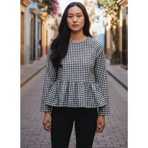 Victoria Beckham for Target Gingham Peplum Blouse Large Black White Long Sleeve